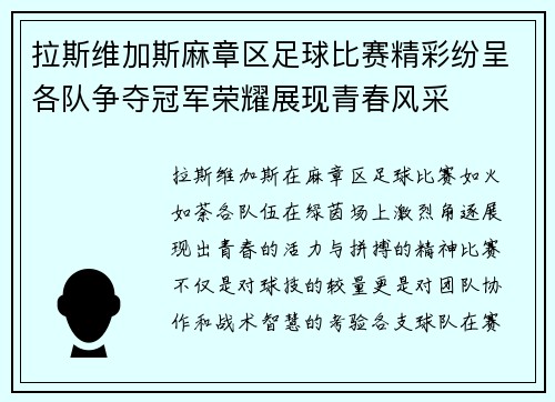 拉斯维加斯麻章区足球比赛精彩纷呈各队争夺冠军荣耀展现青春风采