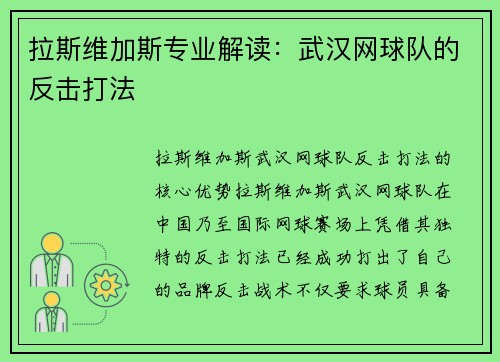 拉斯维加斯专业解读：武汉网球队的反击打法
