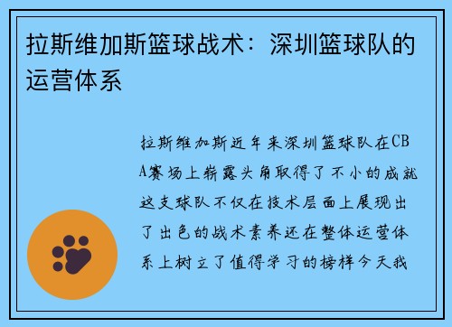 拉斯维加斯篮球战术：深圳篮球队的运营体系